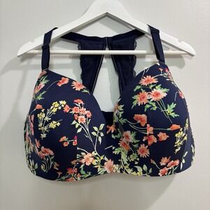 Cacique Floral SWF LL T-Shirt Bra Lace Back Size 46DDD Navy Blue Supportive Bust